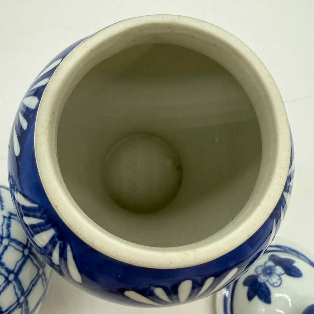 Vintage Blue and White Ceramic Ginger Jars Set of 2 Floral Lattice Chinoiserie
